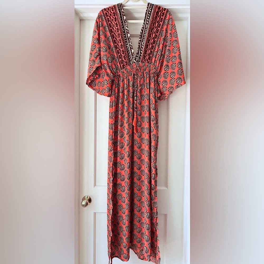 Midnight Sun Orange & Brown Boho Blockprint Maxi Dress. Size: L/XL |  NWT!